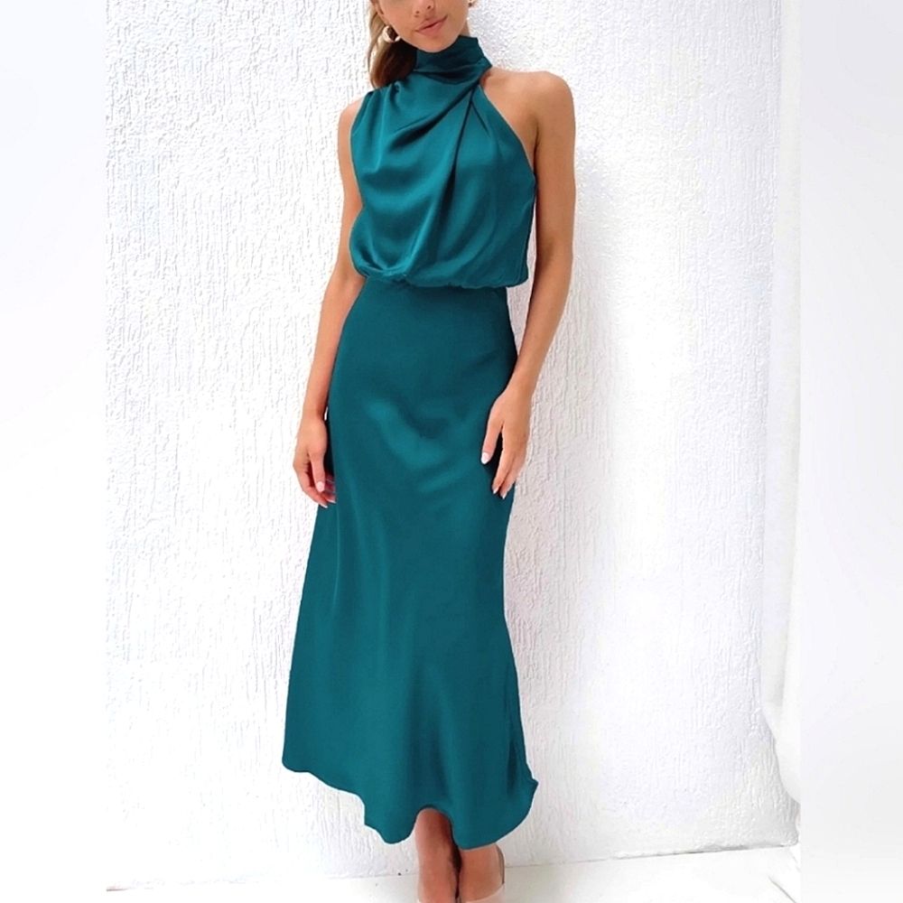 NEW Chic Draped Wrap Halter Neck Satin Midi Dress Teal Blue - Picture 4 of 9